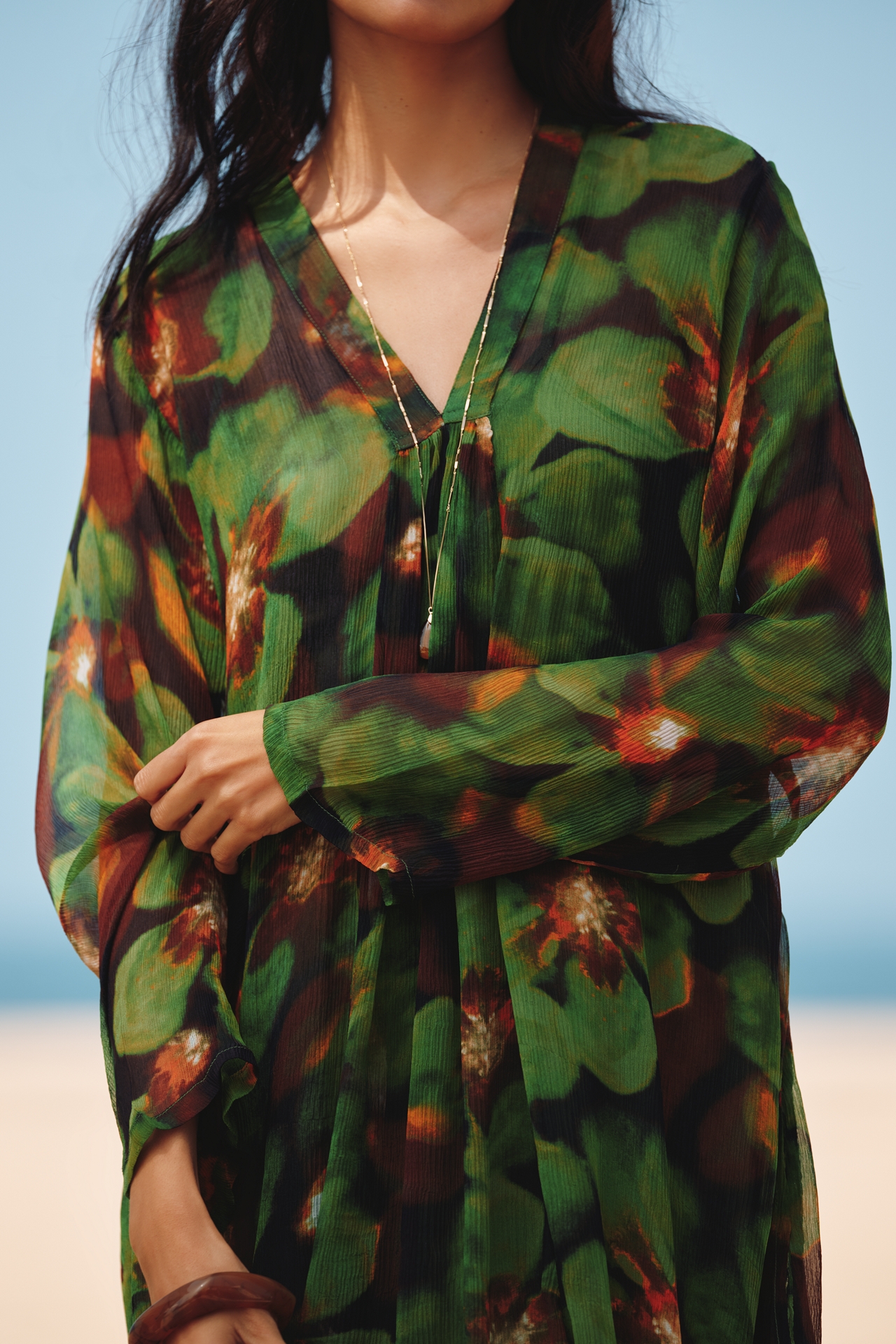 Chan Luu Long-Sleeve Floral Silk Kaftan