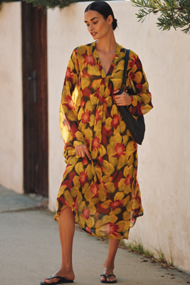 Chan Luu Long-sleeve Floral Silk Kaftan In Multi