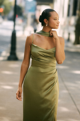 BHLDN Delaney Scoop-Neck Scarf High-Shine Satin Maxi Dress | Anthropologie