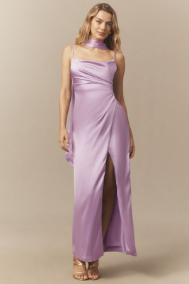 Bhldn Delaney Scoop-neck Scarf High-shine Satin Maxi Dress In Purple