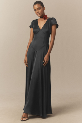 Bhldn Sammie Short-sleeve V-neck A-line Maxi Dress In Black