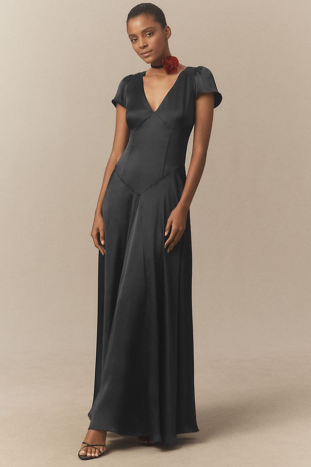 black maxi dress with short sleeves The V Neck Floral Sleeve Ideal for any occasion Naomi Chiffon Maxi Dress