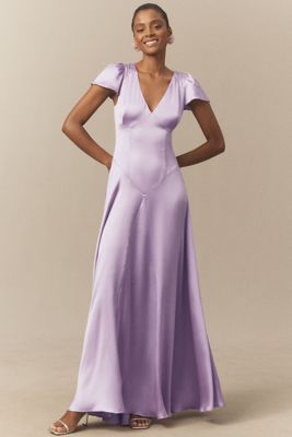 BHLDN Sammie Short-Sleeve Bow-Back Satin Maxi Dress