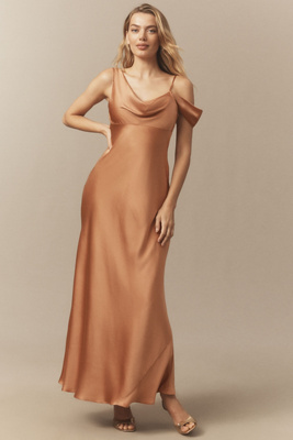 Bhldn Abigail Asymmetric Draped Off-the-shoulder A-line Maxi Dress In Brown