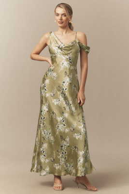 Bhldn Abigail Asymmetric Draped Off-the-shoulder A-line Maxi Dress In Green
