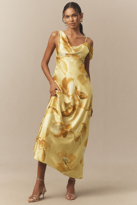 Bhldn Abigail Asymmetric Draped Off-the-shoulder A-line Maxi Dress In Gold
