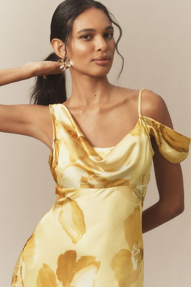 BHLDN Abigail Asymmetric Cowl-Neck High-Shine Satin Maxi Dress