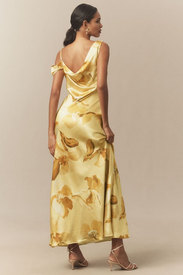 BHLDN Abigail Asymmetric Cowl-Neck High-Shine Satin Maxi Dress