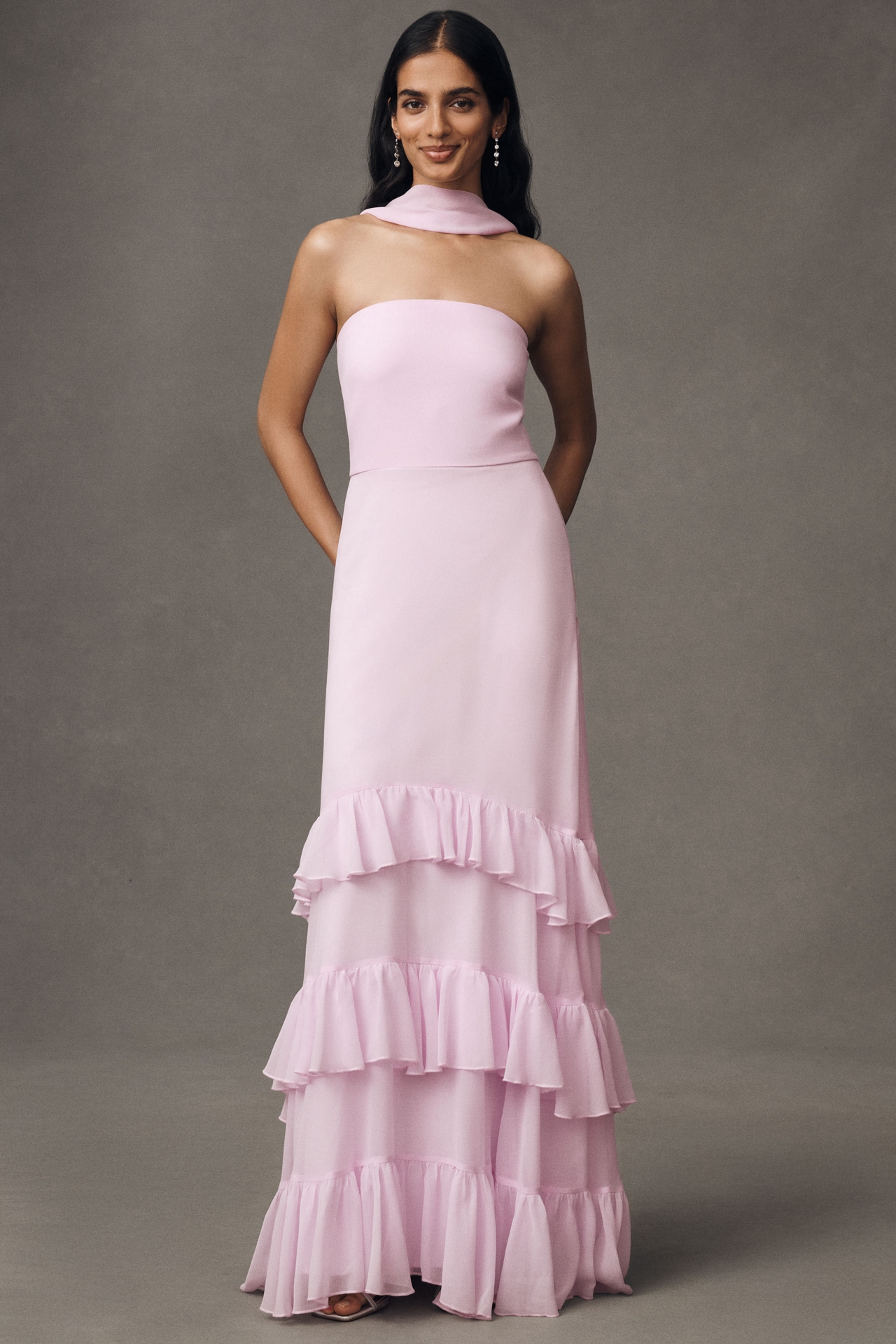 BHLDN Scarf-Neck Strapless Tiered Maxi Dress