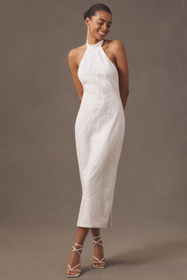 Anne Barge Just One Look Halter Sequin Slim Midi Dress