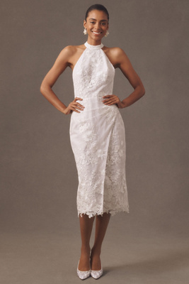 Anne Barge Unforgettable Halter Embroidered Lace Midi Dress