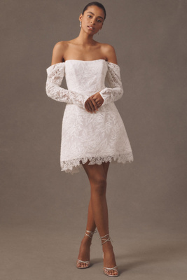 Anne Barge Xoxo Off-the-shoulder Embellished Lace A-line Mini Dress