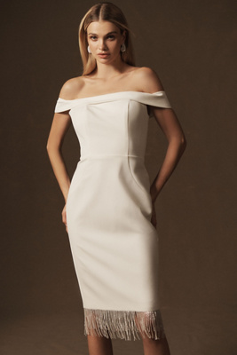 Anne Barge I Got You Babe Off-the-shoulder Beaded Fringe Crepe Midi Dress