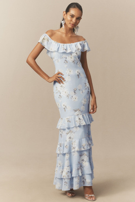 Bhldn Chiffon Floral Printed Square-neck Ruffle Maxi Dress In White