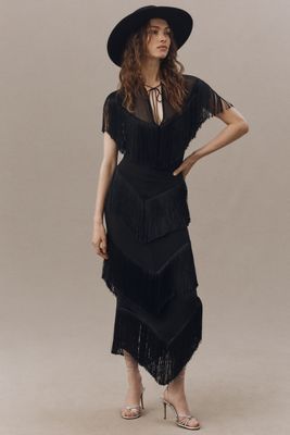 De La Vali Tellus Fringed Chiffon Midi Dress