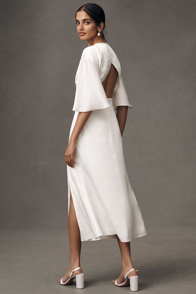 BHLDN Short-Sleeve Crew-Neck Side-Slit Satin Midi Dress #1