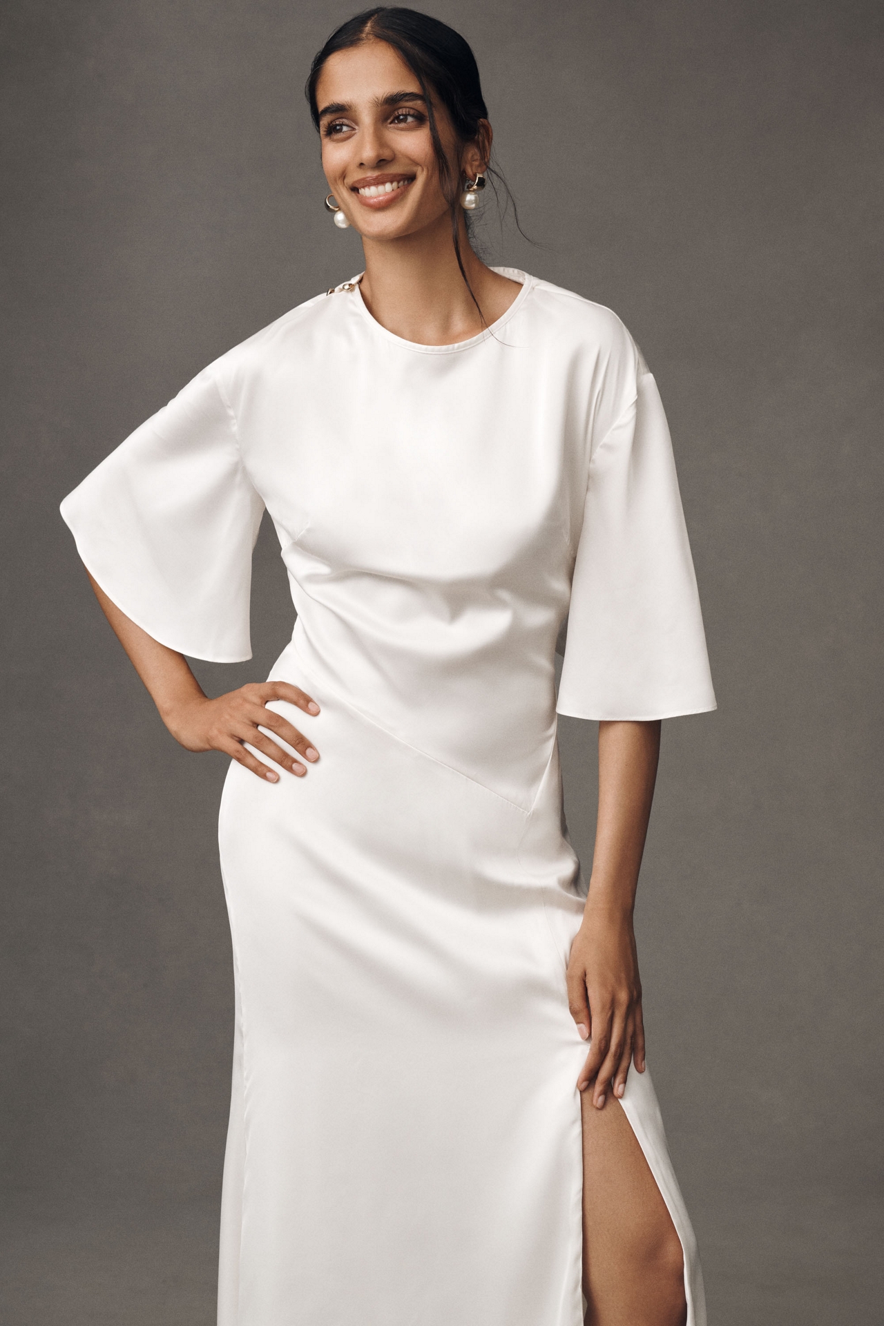 BHLDN Short-Sleeve Crew-Neck Side-Slit Satin Midi Dress