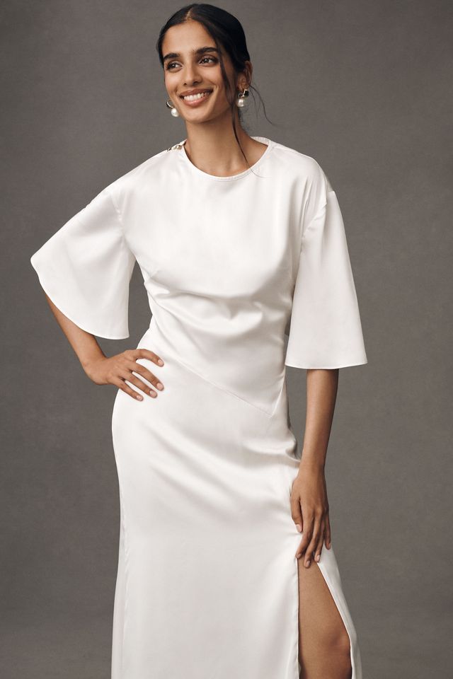 BHLDN Short-Sleeve Crew-Neck Side-Slit Satin Midi Dress #3