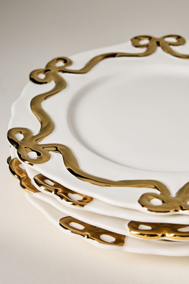 Benedita Gold Bow Stoneware Dinner Plates, Set of 4 #3