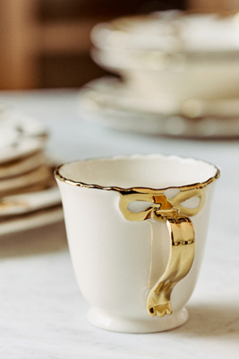 Anthropologie Benedita Bow Stoneware Gold Mug In White