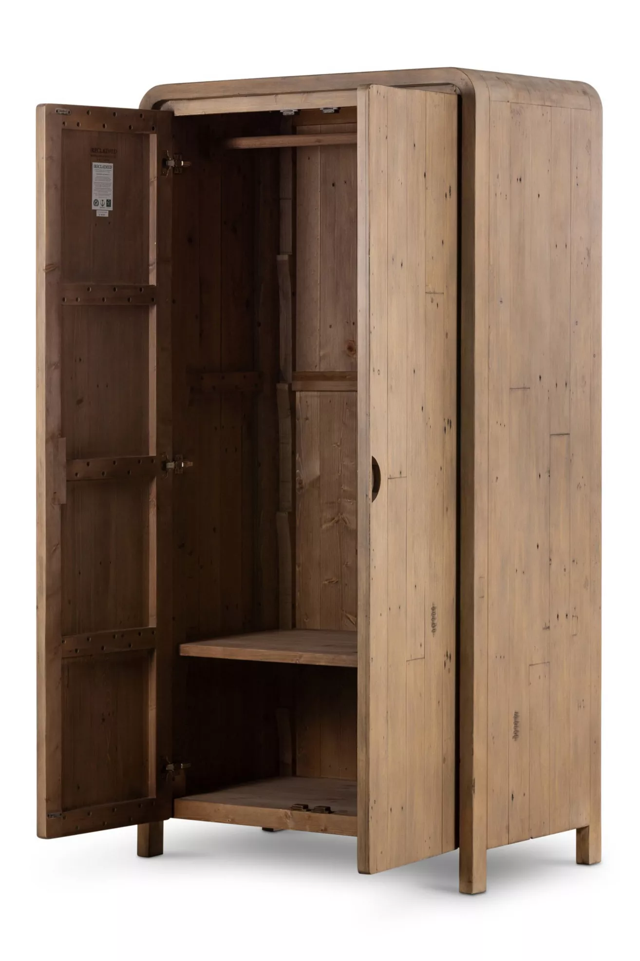 Open armoire interior showing shelves and hanging rod