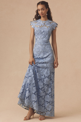 Shoshanna Raven Cap-sleeve Floral Lace A-line Maxi Dress