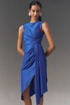 Shoshanna Colony Sleeveless Asymmetric Draped Taffeta Midi Dress