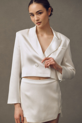 Double-Breasted Crop Satin Blazer Jacket