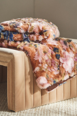 Anthropologie Seren Floral Jacquard Faux-fur Throw Blanket In Brown