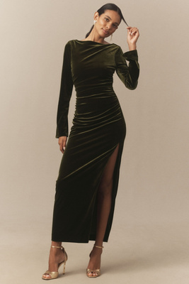 Bhldn Eloise Boat Neck Stretch Velvet Maxi Dress In Green