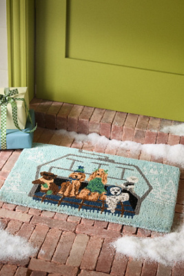 Anthropologie Winter Dogs Printed Coir Doormat In Blue