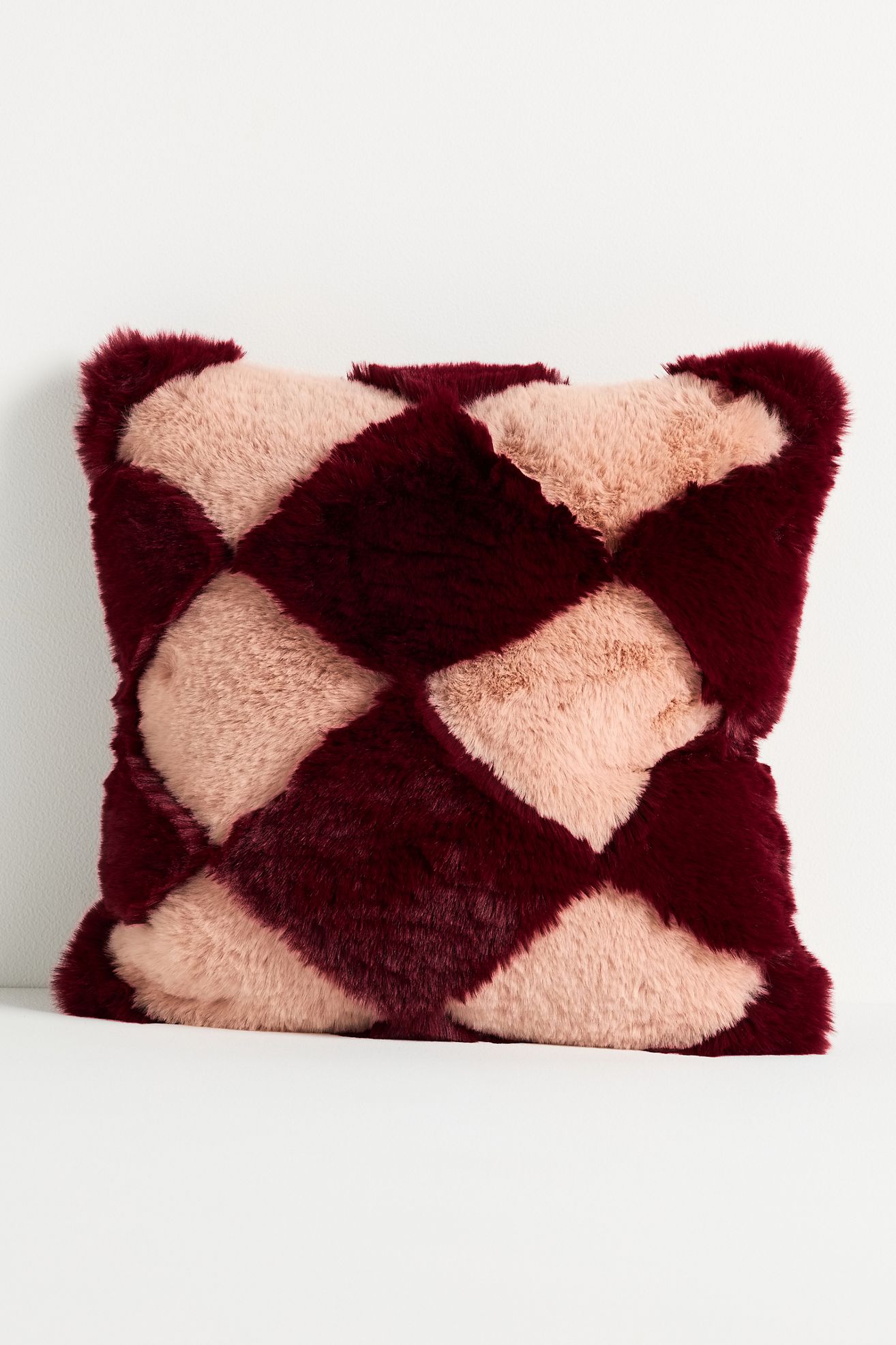Chella Checkered Faux Fur Pillow - Wine, 18" X 18"