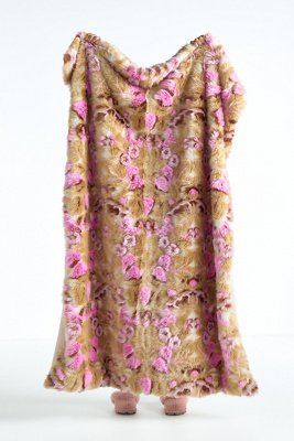 Anthropologie Cordelia Jacquard Floral Faux-fur Throw Blanket In Brown
