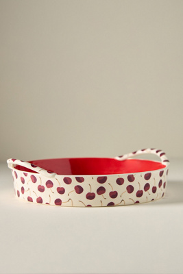 Anthropologie Berry Icon Handpainted Stoneware Pie Dish In Red