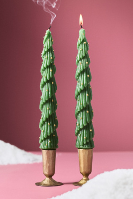 Anthropologie Festive Tree Taper Candles, Set Of 2 In Green