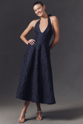 Mare Mare Halter Corset Fit & Flare Jacquard Maxi Dress In Blue