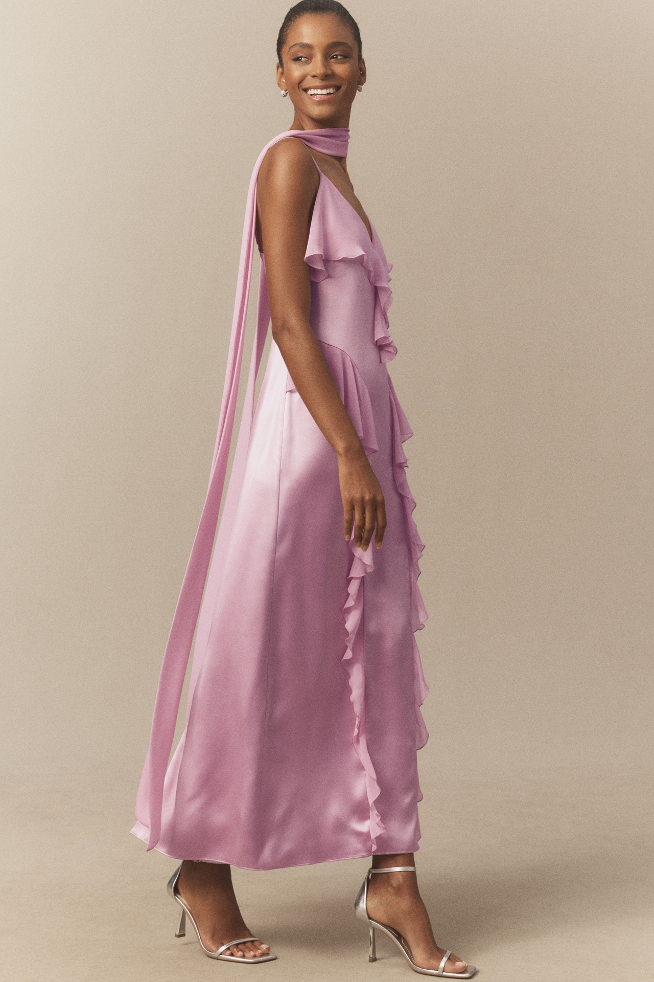 Mare Sleeveless Ruffled Satin Chiffon Maxi Dress