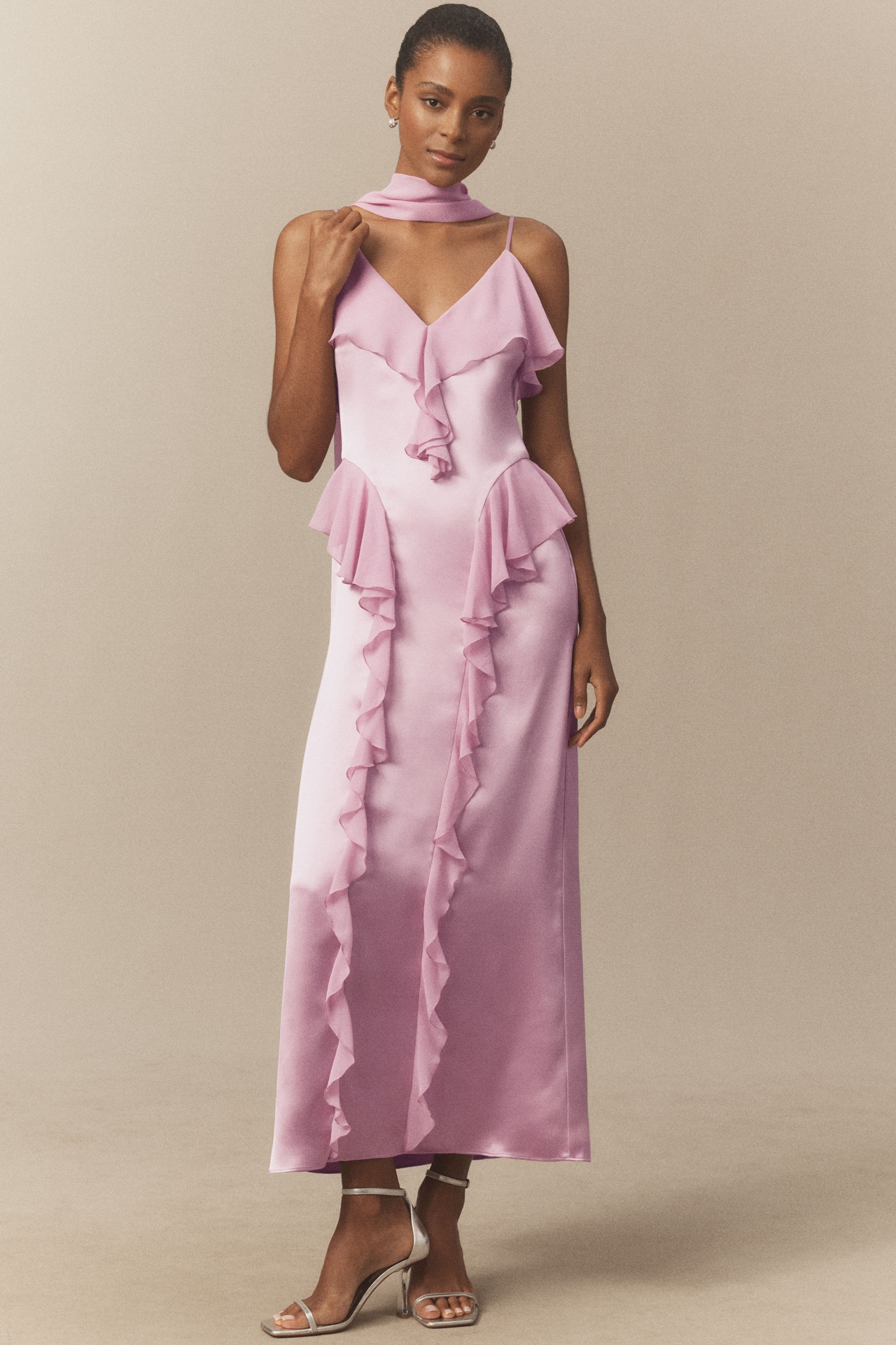 Mare Sleeveless Ruffled Satin Chiffon Maxi Dress