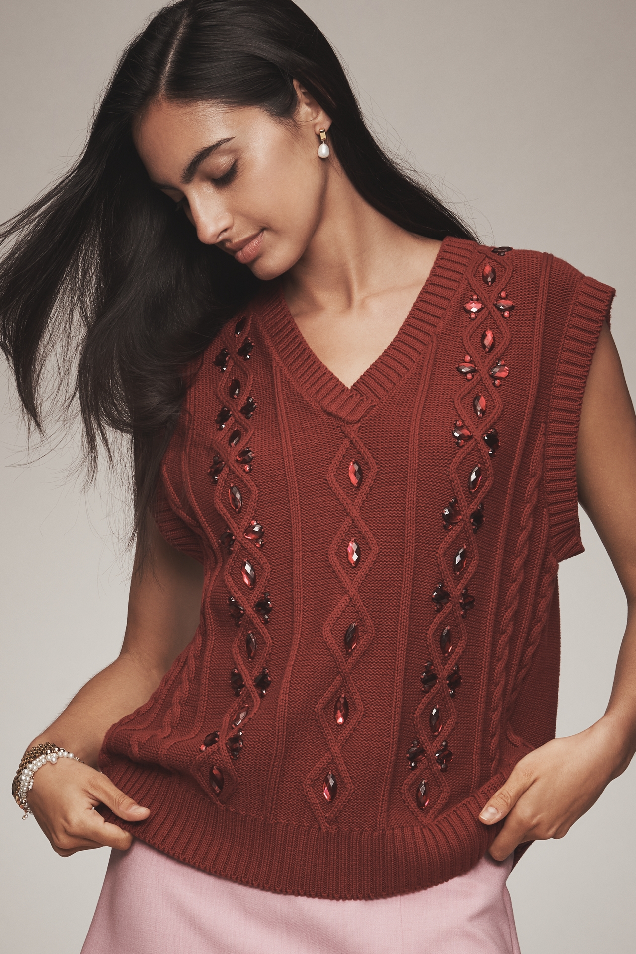 By Anthropologie Embellished Cable-Knit Sweater Vest
