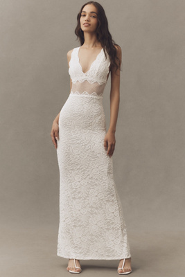 Nightcap Perfect Plunge Lace Maxi Dress In White