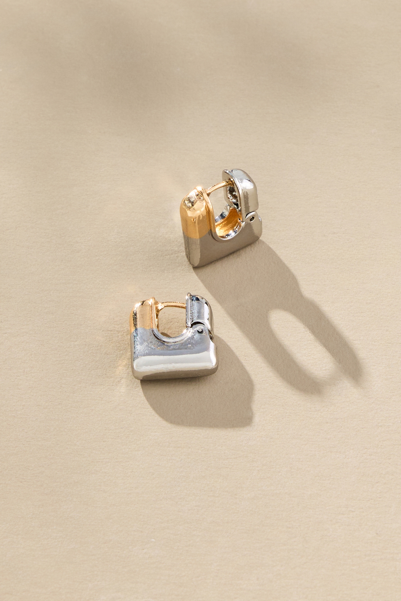 Two-Tone Square Huggie Hoop Earrings