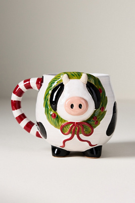 Anthropologie Festive Animal Stoneware Mug In White