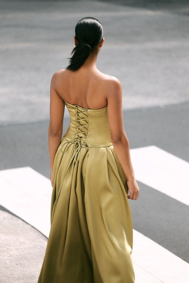BHLDN Miley Strapless Drop-Waist High-Shine Satin Maxi Dress #1