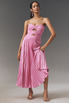 Amur Carolyn Strapless Cut-out Pleated Midi Dress In Pink