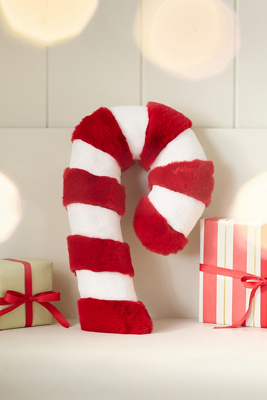 Anthropologie Faux Fur Candy Cane-shaped Pillow In Multi