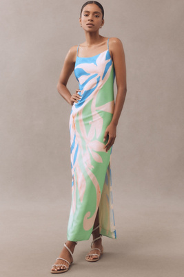 Milly Lily Floral Vine Sleeveless Satin Slip Maxi Dress | Anthropologie