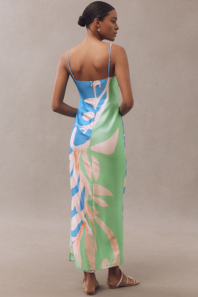 Milly Lily Floral Vine Sleeveless Satin Slip Maxi Dress