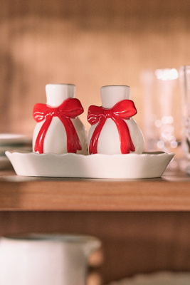 Anthropologie Benedita Stoneware Bow Salt & Pepper Shakers In White