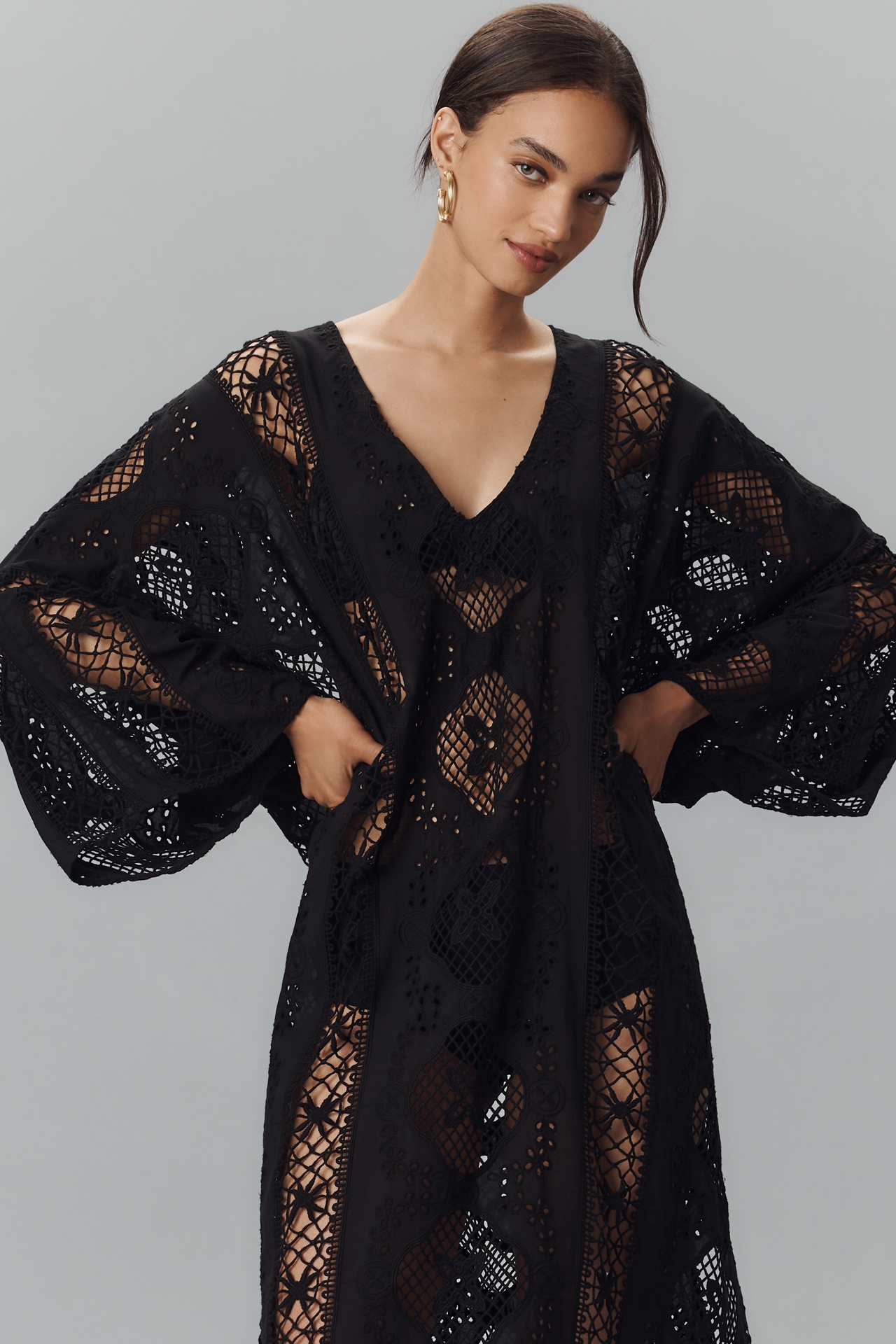 Miss June Eden Broderie Long-Sleeve V-Neck Kaftan
