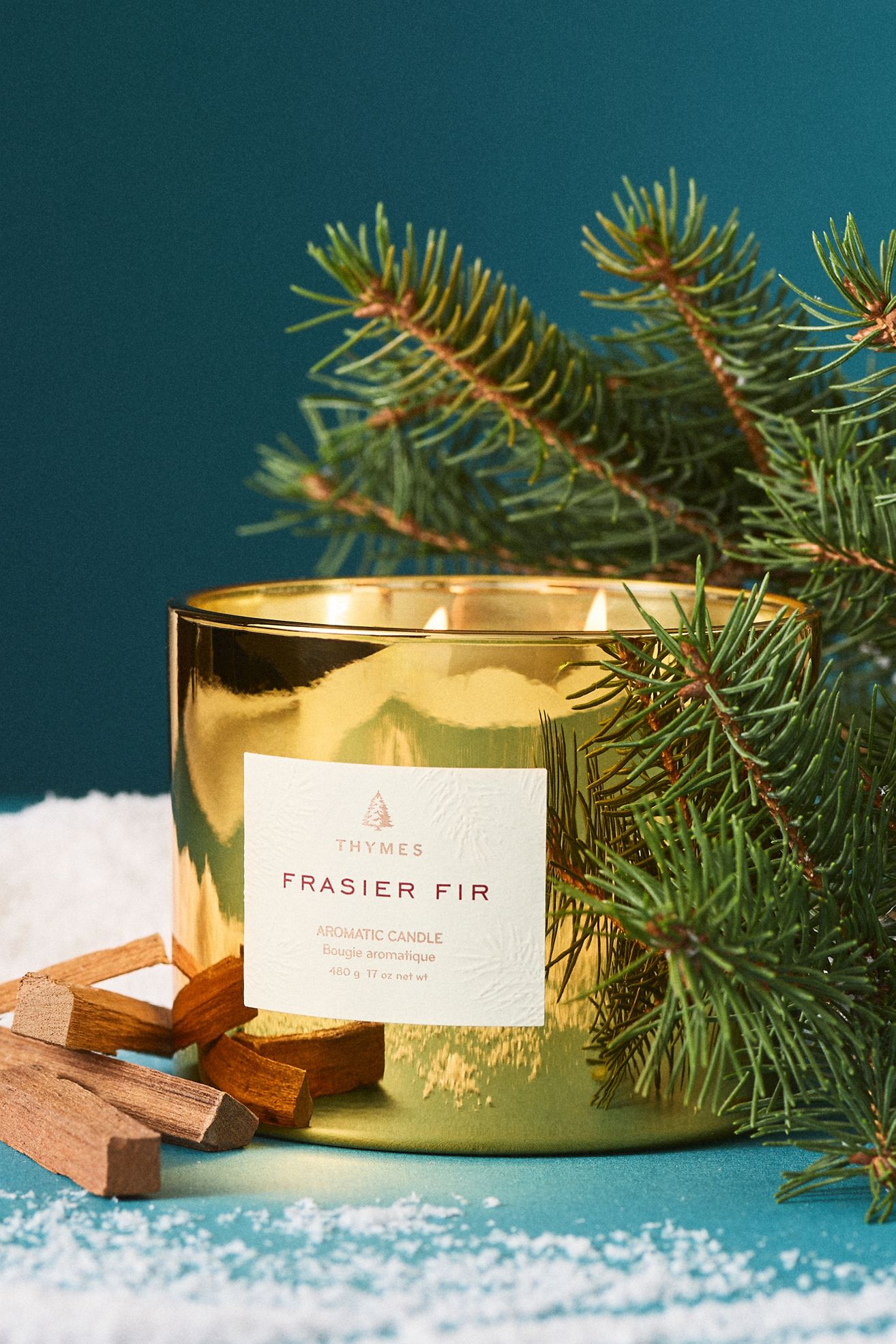Thymes Frasier Fir Gilded 3-Wick Glass Candle - Fraisier Fir, Standard, M
